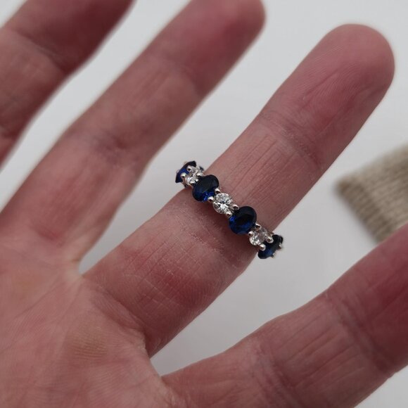 Size 5 Sterling Silver Oval Blue And Round Clear Cubic Zirconia Ring A2734 - Picture 5 of 9